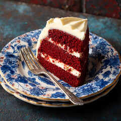 A slice of red velvet cake with cream cheese frosting on a decorative dessert plate.