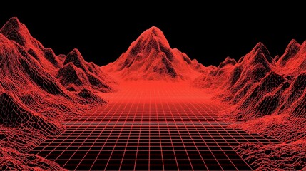 Retro futuristic red wireframe landscape for a vintage 80s virtual reality concept.