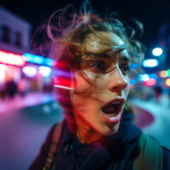 Woman Riding Through Night City with Colorful Neon Lights