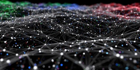 Futuristic data plexus with colorful nodes forming a complex network for technology concepts.

