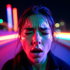 Woman Riding Through Night City with Colorful Neon Lights