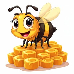 Obraz premium Cheerful cartoon bee perched atop honeycomb structure. Smiling insect character design perfect for nature related topics. Illustration about pollination sweet honey production.