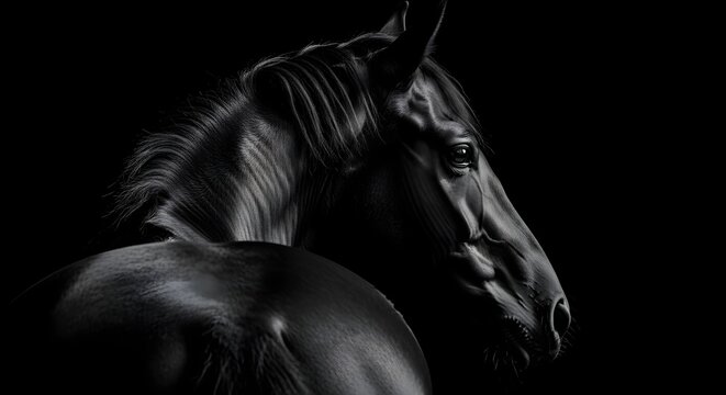 Dramatic black and white portrait of a horse head in deep shadow