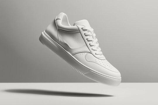 White sneaker floating in mid-air against a plain background with soft shadow