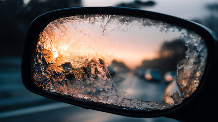 A frosty side mirror captures a beautiful sunset, blending the chill of winter with the warm glow of the setting sun on a highway.