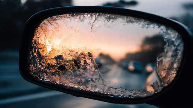 A frosty side mirror captures a beautiful sunset, blending the chill of winter with the warm glow of the setting sun on a highway. - Powered by Adobe