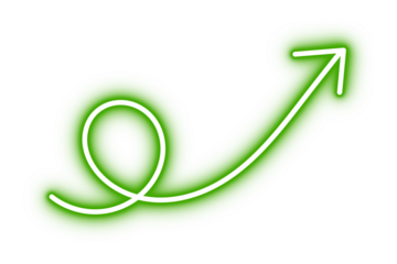 Neon green glowing curved arrow with loop on transparent background