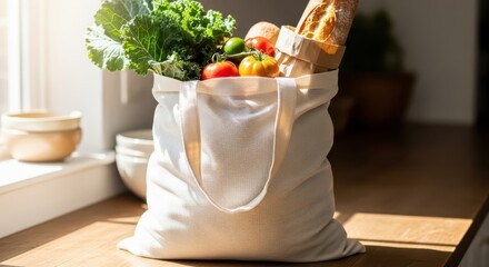 Reusable grocery bag filled with fresh produce and baked goods sits on a sunlit wooden counter