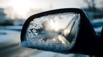 A side mirror frosted with ice crystals, reflecting the soft light of a winter morning. Nature's artistry displayed on a vehicle, blending the cold outdoors with daily life.