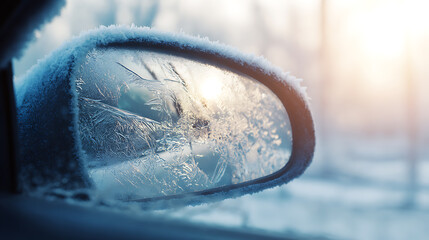 The sun peers through a frosty car mirror, transforming ice crystals into a shimmering spectacle. Winter's icy grip creates a serene, cold, and beautiful scene outside.