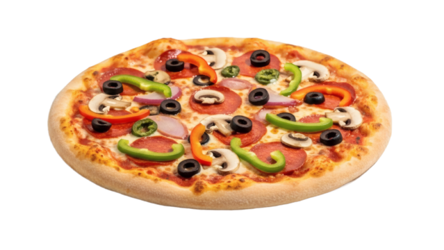 Delicious whole pizza with fresh toppings isolated on transparent background