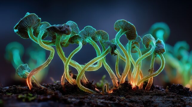 Fantastical bioluminescent mushrooms glowing with turquoise light in a dark enchanted forest.
- Powered by Adobe
