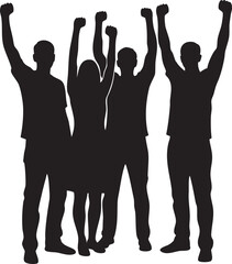 Group of Four People with Raised Fists Silhouette: Unity, Celebration, Protest, Audience Vector