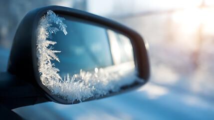Close-up of a side mirror covered in intricate frost patterns, reflecting a cold winter scene. The sunlight creates a cool and chilly atmosphere. Frosty details on the mirror.