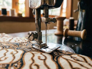 Detailed macro shot of a sewing machine needle meticulously stitching an ornate traditional Indonesian batik pattern in a tailor's workshop