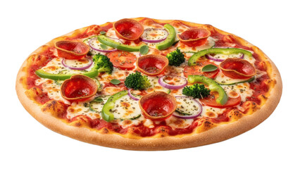 Delicious pepperoni and vegetable pizza isolated on transparent background