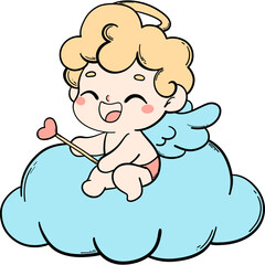 Cute Kid Cupid Riding a Cloud – Retro Flat Color Valentine Cartoon