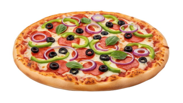 Delicious pepperoni and vegetable pizza isolated on transparent background