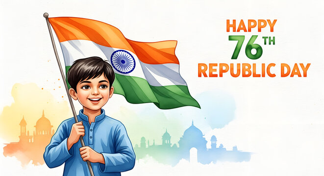 Boy Holding Indian Flag: 76th Happy Republic Day