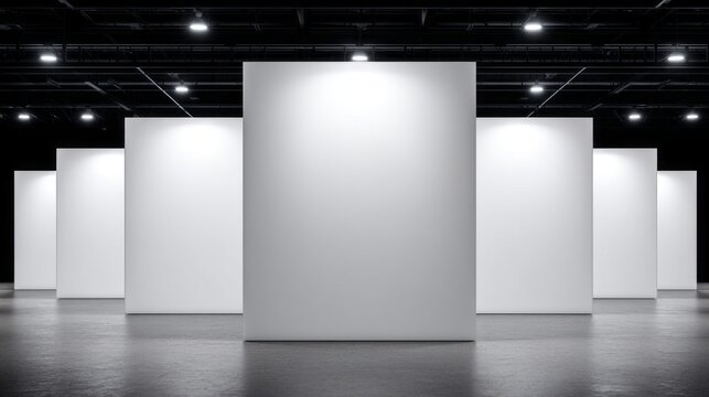 Bright, spacious gallery filled with large, blank canvases standing gracefully in a modern setting. Soft lighting highlights each piece, creating an inviting atmosphere for creativity. Cloud Dancer 