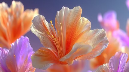 Ethereal crystal flowers glowing with orange and purple light for a fantasy concept.

