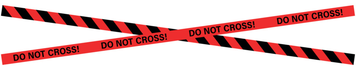 Two red and black striped barrier tapes with the words do not cross on a white background crossed together , ribbons, stripes, tape