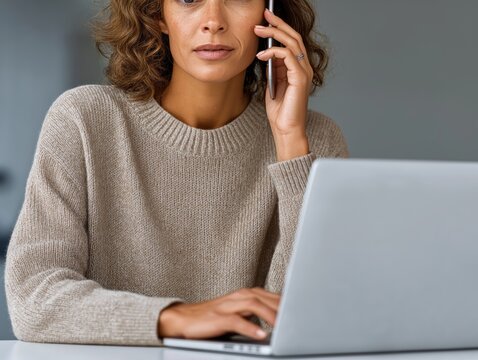 Woman with curly hair wearing a beige sweater is engaged in a phone conversation while working on a laptop in a modern office setting, showcasing multitasking and professionalism