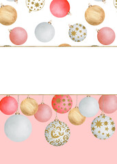 Rectangular New Year greeting card design of festive baubles. Pink, red, , white and golden baubles. New Year's clipart. Hand-drawn watercolor illustration for holiday postcards, invitation, cover