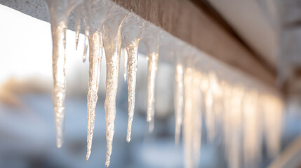 Captivating icicles hanging from the edge, glittering in the sunlight. A beautiful display of winter's icy grip, showcasing nature's artistry in a simple, frozen moment.