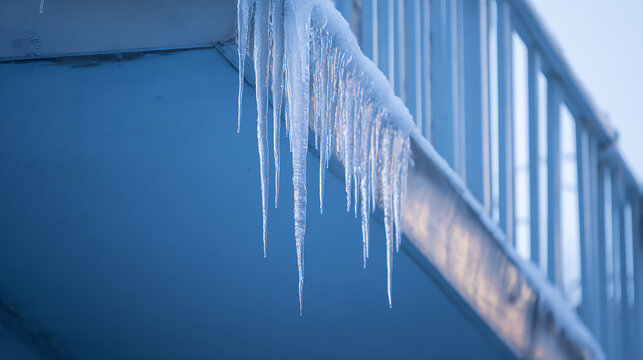 Icy balcony view, showcasing long icicles hanging from the railing, evidence of a cold winter and freezing weather. A tranquil winter scene with a clean, frosty aesthetic. - Powered by Adobe