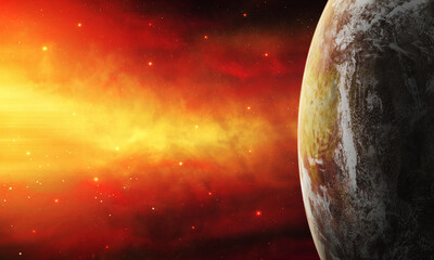 Space background. Planet with red and yellow nebula and starfield. Digital painting, elements furnished by NASA