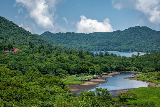 群馬県覚満淵と大沼を一望、夏の湿原と木道を歩く人々