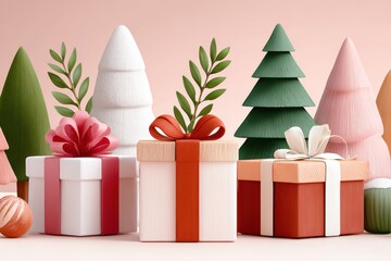 Festive pastel gift boxes with ribbons and stylized Christmas trees in a warm pink backdrop
