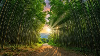 Sunbeams stream through a dense bamboo forest onto a dirt path