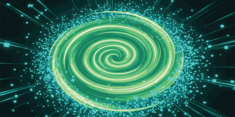 Abstract fractal burst background illustration of a blue and green spiral vortex in space with a star and light pattern twirl