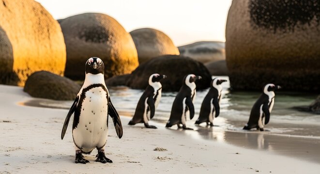 African penguins walking on boulders beach in south africa with natural light - Powered by Adobe