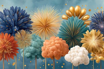 Colorful fireworks and balloon-like bursts light up a blue background in a festive scene