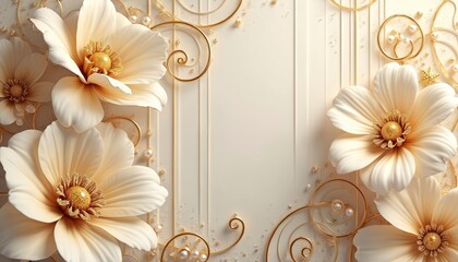 Illustration features decorative white flowers with golden accents. Floral design includes pearls and swirling ornaments. This image provides a luxurious background for various projects.