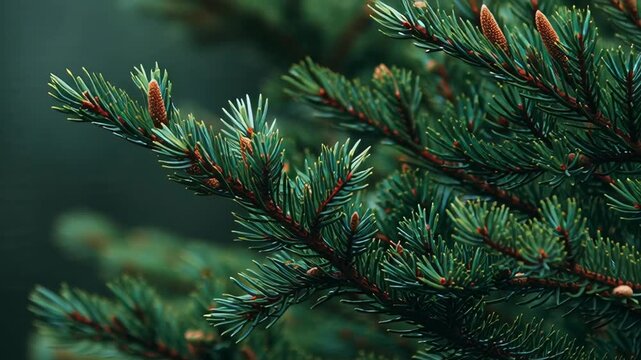 Closeup of a Pine Tree Branch with Green Needles Gently Swaying in a Moody Forest
