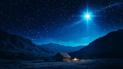 Naklejka premium Experience the magic of Christmas with a luminous star shining over a humble stable in a serene and peaceful nighttime landscape