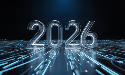Stunning futuristic 2026 year numbers glowing on a digital data stream surface signaling technological advancement