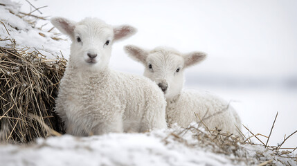 Fototapeta premium Two adorable white lambs nestled in snow and straw, gazing at the camera. These fluffy creatures evoke feelings of innocence and pastoral charm in a serene, winter scene.