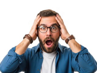 Man with glasses and beard in shock isolated on transparent background
