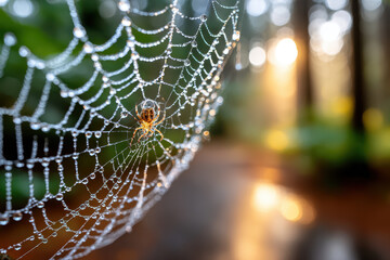 Spiderweb with Dewdrops in Golden Sunrise Light
