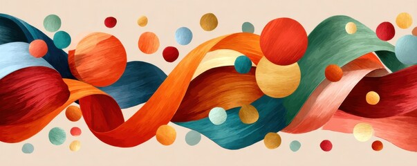 Colorful ribbons swirl across a beige background with vibrant circles and abstract shapes