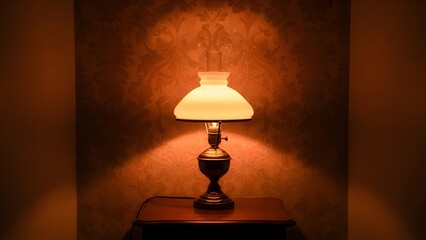 Illuminated Antique Lamp on Wooden Table Casting a Warm Glow, Elegant Table Lamp Radiating Soft Light in a Room with Textured Wallpaper