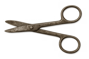 Vintage metal scissors showing worn texture, antique cutting tool, rusty retro implement on transparent background