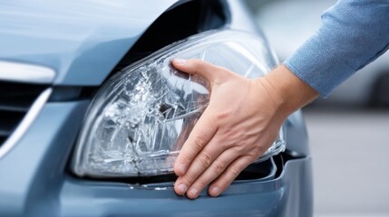 In a busy parking lot, a person carefully inspects a damaged headlight of a car as the sun sets. They appear focused and concerned about the repair needed