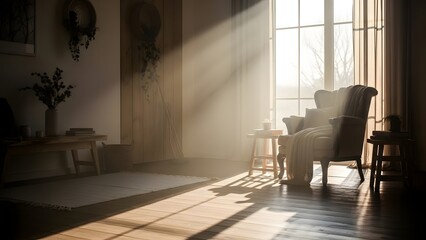 Serene Morning Light Illuminating a Cozy Reading Nook, Peaceful Interior Scene with a Comfortable Armchair and Warm Sunlight Streaming In