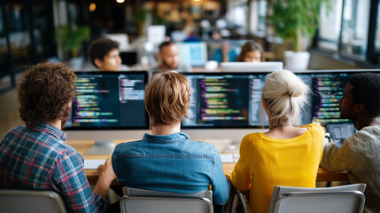 Diverse multicultural programming collective working on workstations sitting together in unified department, researching and providing technical support online, team collaboration,